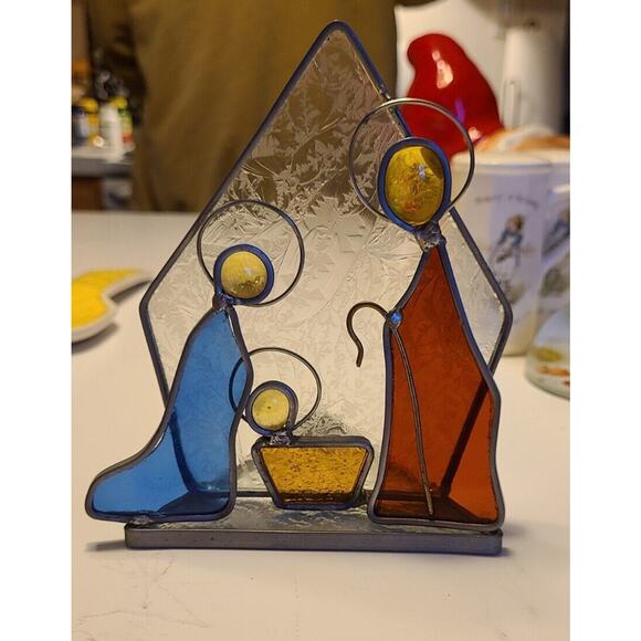 Vintage Stained Glass Nativity Crèche Scene Tabletop 3D Christmas 60s 70s - Picture 1 of 2